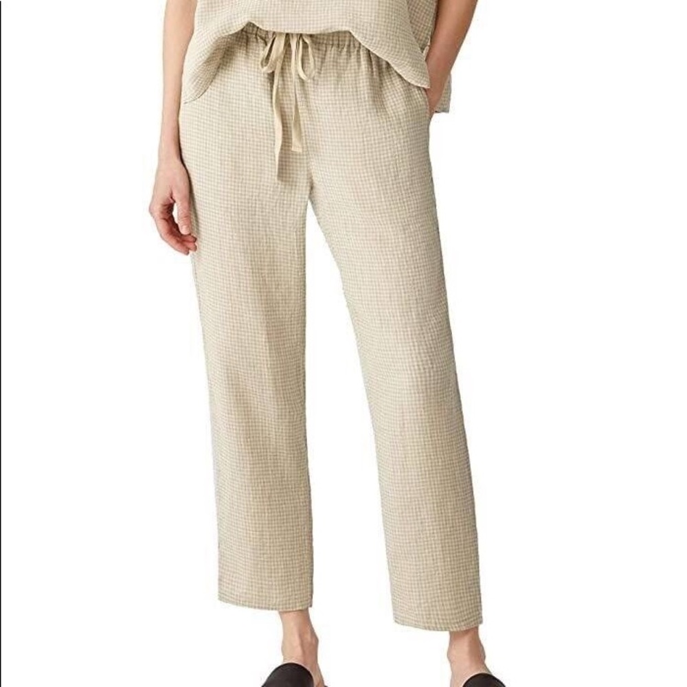 Eileen Fisher Organic Linen Puckered Pants Beige Tapered Ankle Minimalist Large